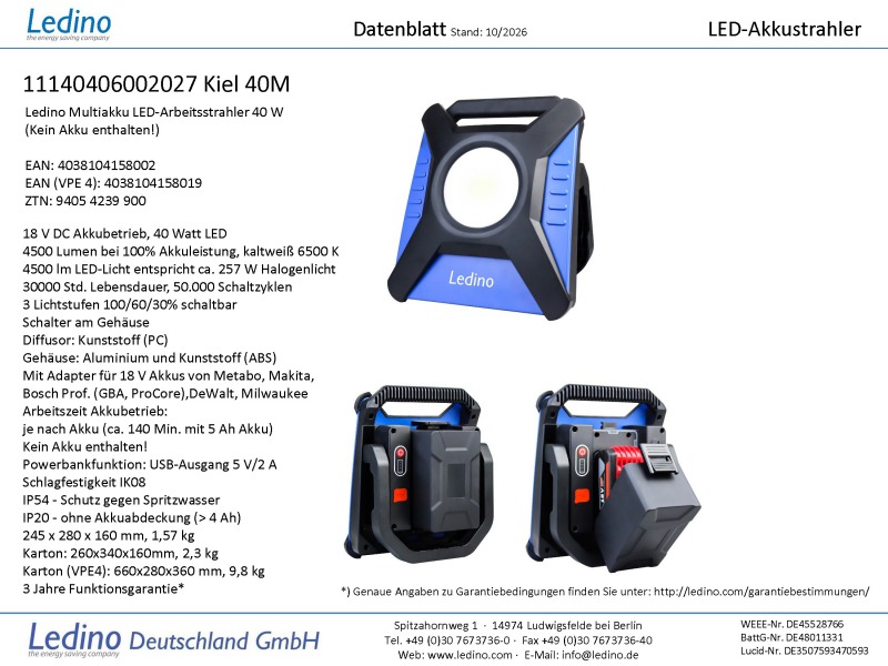 Ledino 40W LED-Akkustrahler Kiel 40M, für vers. Akkus