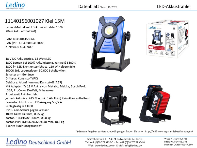 Ledino 15W LED-Akkustrahler Kiel 15M, für vers. Akkus
