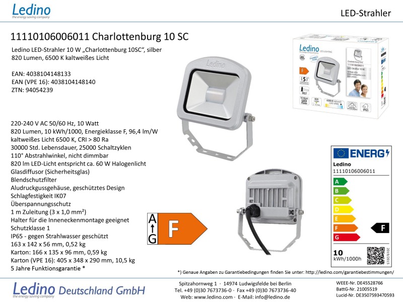 Ledino LED-Baustrahler 10W 6000K silber LED-FLB10Scw / 4038104139209