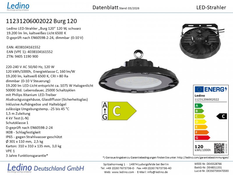 Ledino LED-Hallenstrahler Burg 120, 120 W, 15000 lm