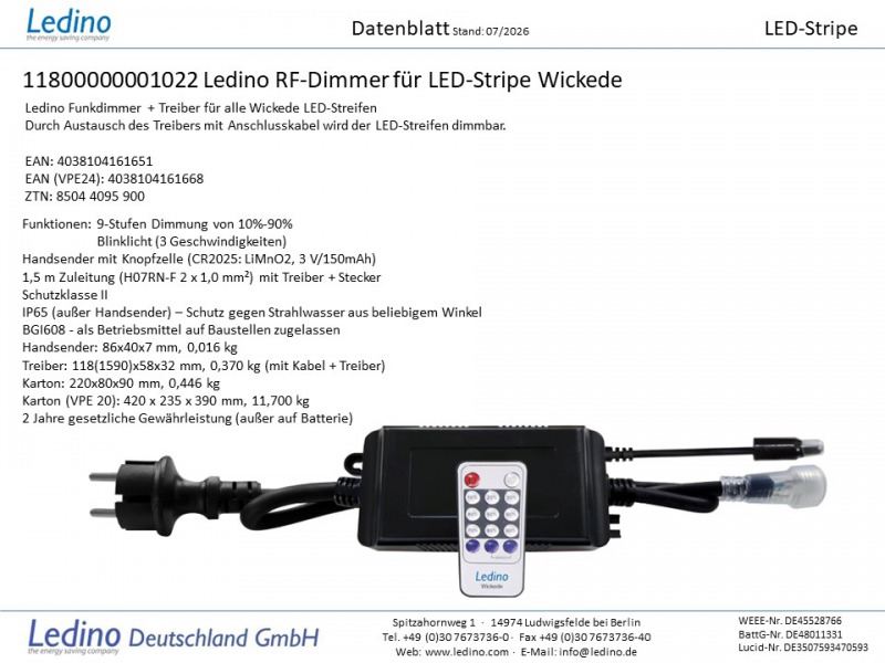 Ledino Funk-Dimmer mit Driver für LED-Stripe Wickede
