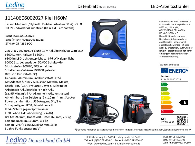 Ledino 60W LED-Hybridstrahler Kiel H60M, für vers. Akkus