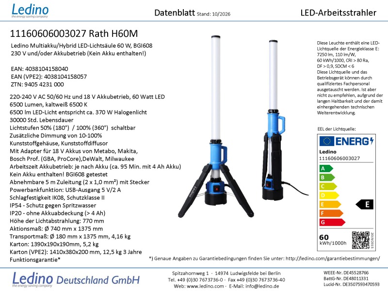 Ledino LED-Lichtsäule 60W 360° Rath H60M 4800lm f. vers. Akku