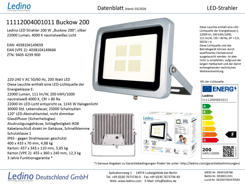 # Ledino LED-Strahl Buckow 200 200W, 22000lm, 4000K, silber